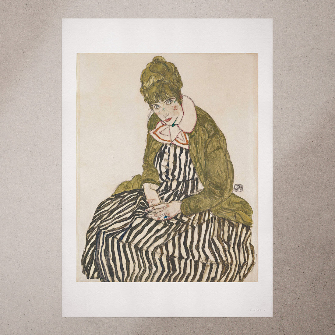 Edith with Striped Dress, Sitting by Egon Schiele, 1915